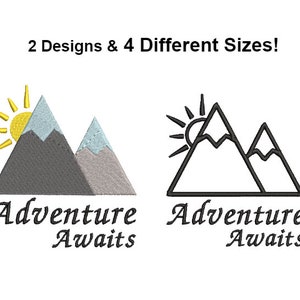 Może przedstawiać: Dwa wzory haftu przedstawiające pasmo górskie z słońcem. Tekst "Adventure Awaits" znajduje się pod górami.