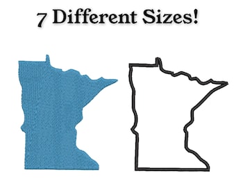 May include: Two embroidered outlines of the state of Minnesota. One is filled with blue fabric, the other is a black outline. The text "7 Different Sizes!" is above the images.