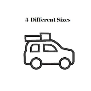 Pode incluir: Ilustração de arte de linha em preto e branco de um carro com um rack de teto. O texto "5 Different Sizes" está acima do carro.