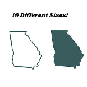 May include: Outline and filled-in silhouette of the state of Georgia. 10 Different Sizes! is written above the image.