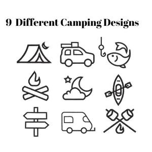 May include: Nine black and white camping icons. The icons include a tent, a car, a fish, a campfire, a cloud with a moon, a kayak, a signpost, a camper van, and a marshmallow roasting stick.