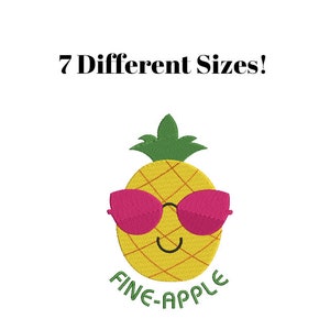 May include: A yellow pineapple with a smiling face wearing pink sunglasses. The text "FINE-APPLE" is written below the pineapple.