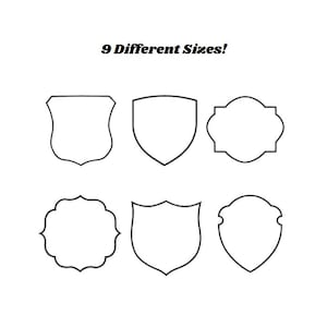 Może przedstawiać: Dziewięć różnych rozmiarów czarnych konturów kształtów tarcz. Kształty są puste i gotowe do personalizacji.