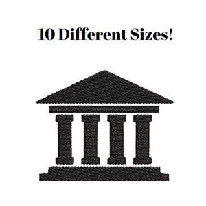 Könnte beinhalten: Schwarz-weiße Silhouette eines Gebäudes mit Säulen. Der Text "10 Different Sizes!" befindet sich über dem Gebäude.