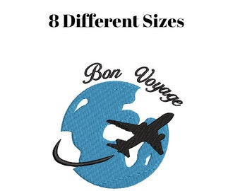 May include: A blue globe with a black airplane flying over it. The text "Bon Voyage" is written in a cursive font around the globe.