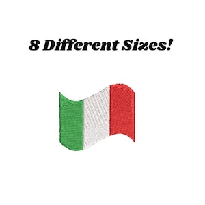 May include: An embroidered Italian flag in green, white, and red, waving on a white background. The text "8 Different Sizes!" is above the flag. This design is suitable for patches, apparel, or crafts.
