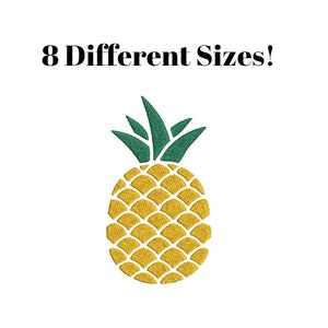 May include: A yellow pineapple with green leaves. 8 Different Sizes! is written above the pineapple.