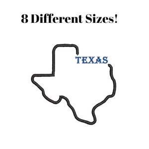 May include: Outline of the state of Texas with the word "TEXAS" written inside. The outline is black and the word is blue.