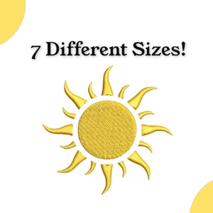 Może przedstawiać: Wzór haftu słońca w kolorze złotym w 7 różnych rozmiarach. Słońce ma żółte centrum i złote promienie.