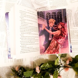 May include: A book cover featuring a couple dancing in a ballroom. The man is wearing a black suit and the woman is wearing a red dress. The text on the cover reads "Evangeline didn't say that but she merely turned to him."