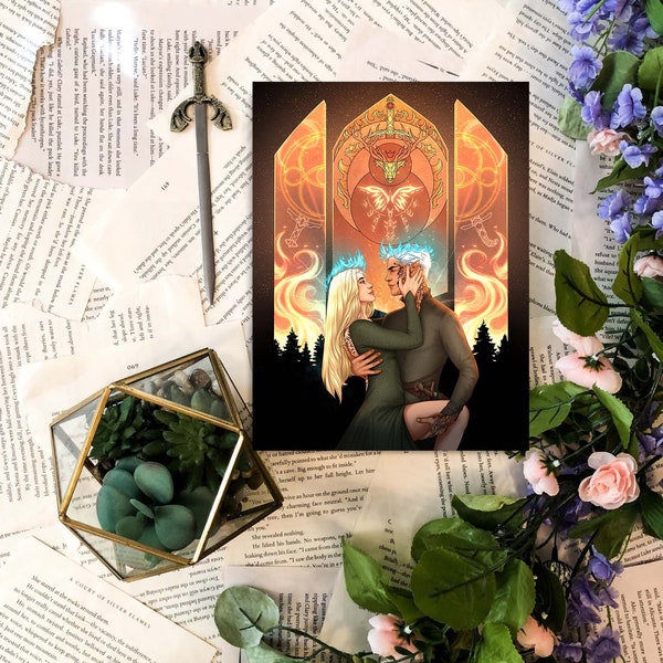 Stained Glass Rowan Whitethorne & Aelin Galathynius Holographic Print | Heir of Fire (Throne of Glass #3) by Sarah J. Maas | Licensed
