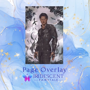 May include: A man with dark hair and a black leather jacket stands in a dark forest. He has a serious expression on his face and is surrounded by smoke and shadows. The text "IRIDESCENT FAIRYTALE" is visible at the bottom of the image.