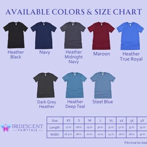 Pu&ograve; includere: Una tabella delle taglie per t-shirt con una variet&agrave; di colori, tra cui nero melange, blu navy, blu navy melange a mezzanotte, bordeaux, blu reale melange, grigio melange scuro, blu verde melange e blu acciaio. La tabella mostra le misure in pollici per ogni taglia, da XS a 4X.
