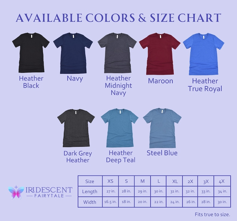 Pu&ograve; includere: Una tabella delle taglie per t-shirt con una variet&agrave; di colori, tra cui nero melange, blu navy, blu navy melange a mezzanotte, bordeaux, blu reale melange, grigio melange scuro, blu verde melange e blu acciaio. La tabella mostra le misure in pollici per ogni taglia, da XS a 4X.