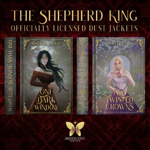 May include: Two book covers for the fantasy novel series "The Shepherd King" by Rachel Gillig. The first book is titled "One Dark Window" and features a woman with long black hair wearing a red dress. The second book is titled "Two Twisted Crowns" and features a woman with long blonde hair wearing a pink dress.