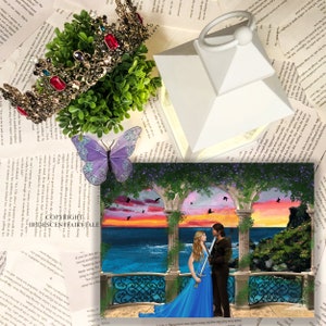 May include: A digital painting of a couple standing on a balcony overlooking a blue ocean. The woman is wearing a blue dress and the man is wearing a brown tunic. The sky is a vibrant orange and pink sunset with birds flying overhead. The text "COPYRIGHT IRIDESCENT FAIRYTALE" is at the bottom of the image.