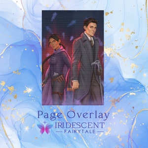 May include: A book cover featuring a man and woman standing side-by-side. The man is wearing a dark suit and the woman is wearing a purple jacket and black pants. The background is a dark, blurry image of feathers. The text "IRIDESCENT FAIRYTALE" is printed on the bottom of the cover.