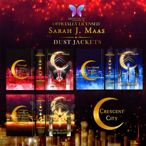 May include: A set of four book covers for the "House of Earth and Blood" series by Sarah J. Maas. The covers feature a crescent moon, a star, and a sword. The text on the covers reads "House of Earth and Blood", "House of Sky and Breath", "House of Flame and Shadow", and "Crescent City".
