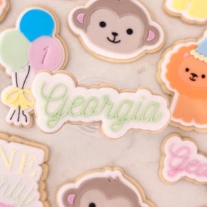 Puede incluir: Surtido de galletas de azúcar decoradas con temática de fiesta. Las galletas incluyen un mono, un león, una jirafa y globos. Una galleta deletrea "Georgia" en glaseado verde. Otra galleta dice "ONE Party Animal".