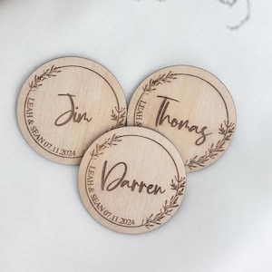 Marque-places personnalisés | Étiquettes de nom découpées au laser, cadeaux de mariage rustiques, sous-verre de table bohème, sous-verres de contreplaqué en bois acrylique personnalisés