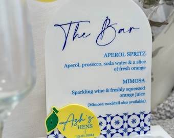 Amalfi Themed Acrylic Bar Menu | Personalized Personalised Drinks Sign List Menu Champagne Wedding Birthday Hens Bucks Custom Event Decor