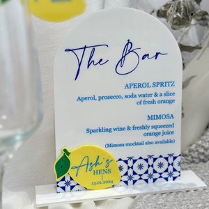 Amalfi Themed Acryl Bar Menü | Personalisierte personalisierte Getränke Zeichen Liste Menü Champagner Hochzeit Geburtstag Hens Bucks Benutzerdefinierte Event-Dekor