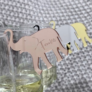 Etiqueta de bebida acrílica con forma de elefante/Tarjeta de lugar personalizada con dije de champán, cóctel, plata, oro, boda, compromiso, despedida de soltera, cumpleaños, tema de zoológico de animales