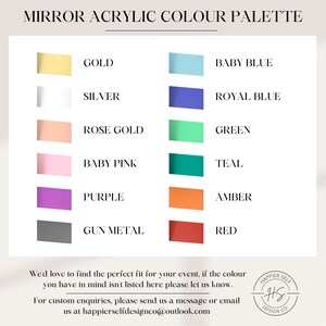 May include: A color palette featuring samples of mirror acrylic colors, including gold, silver, rose gold, baby pink, purple, gun metal, baby blue, royal blue, green, teal, amber, and red. Text at the top reads "MIRROR ACRYLIC COLOUR PALETTE".
