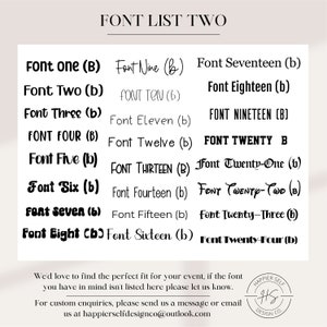 May include: A list of fonts labeled "FONT LIST TWO" with examples of each font style. The fonts are numbered and include both serif and sans-serif styles. The text at the bottom encourages customers to inquire about custom font options.