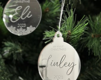 Snowflake First Christmas Bauble | Personalised Personalized Gift Baby Decor Engraved Xmas Glass Look Christmas Bauble Custom Ornament