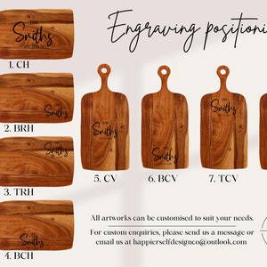 May include: Wooden cutting boards with engraved text, showcasing different engraving positions. The boards are rectangular with a handle. The text on the boards reads "The Smiths" with an established date. The image also includes text about customization.