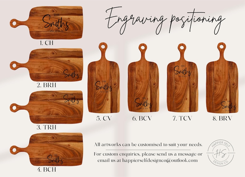 May include: Wooden cutting boards with engraved text, showcasing different engraving positions. The boards are rectangular with a handle. The text on the boards reads "The Smiths" with an established date. The image also includes text about customization.