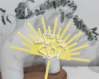 Here Comes the SON Cake Topper | Acrylic Cake Decor Modern Gold Silver Rose Mirror Double Layer Welcome Baby Party Naming Day Perspex