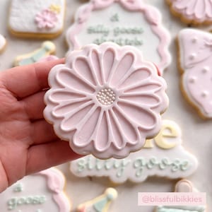 Op de afbeelding: Een lichtroze madeliefvormige koekje met een wit parelcentrum wordt in een hand gehouden. Andere versierde koekjes staan op de achtergrond, waaronder een met de tekst "silly goose about to tell". De rechter benedenhoek heeft de tekst "@blissfulbikkies".