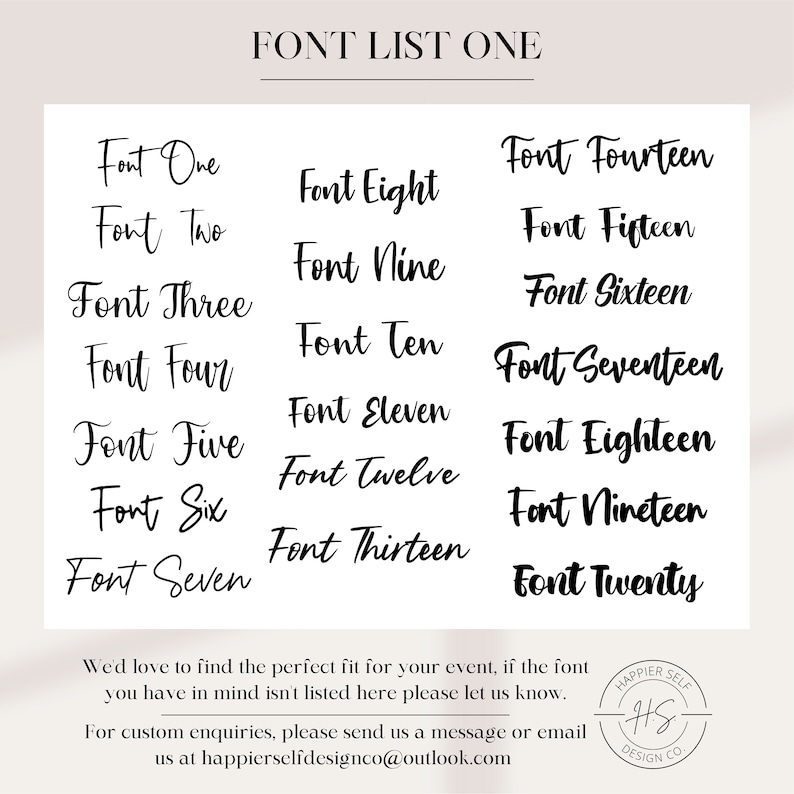 May include: A white background displays a font list with twenty different font styles in black. The text "FONT LIST ONE" is at the top. The bottom of the image includes contact information for custom inquiries.