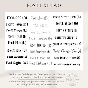 May include: A list of fonts labeled "FONT LIST TWO" with examples of each font style. The fonts are numbered and include both serif and sans-serif styles. The text at the bottom encourages customers to inquire about custom font options.