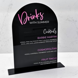 Menu bar personnalisé en acrylique | Liste de boissons personnalisées, menu, cocktail, champagne, argent, or rose, mariage, anniversaire, poule, dollars