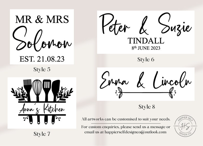 May include: Image featuring four design styles with text. Style 5 reads "MR & MRS Solomon EST. 21.08.23". Style 6 says "Peter & Suzie TINDALL 8th JUNE 2023". Style 7 says "Anna's Kitchen". Style 8 says "Emma & Lincoln".