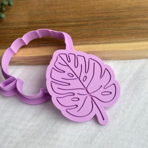 May include: A light purple plastic cookie cutter shaped like a monstera leaf. The tool consists of a circular outer frame and a separate inner stamp piece featuring the detailed vein and cutout pattern of a tropical plant leaf.