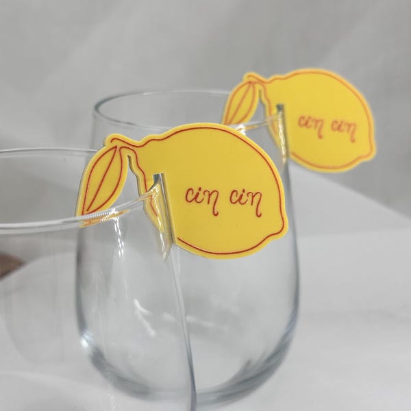 Etiquetas de Acrílico para Bebidas Amalfi Cin Cin Lemon | Nome Personalizado | Local | Pingente de Champanhe | Despedida de Solteira | La Dolfi Vita | Arte Linear | Limões Abstratos