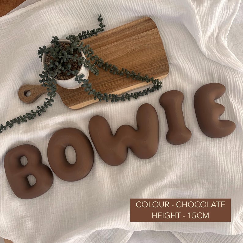 a wooden cutting board with the word "BOWIE" spelled out in large chocolate letters, along with a potted plant and a wooden board.