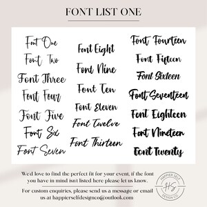 May include: A white background displays a font list with twenty different font styles in black. The text "FONT LIST ONE" is at the top. The bottom of the image includes contact information for custom inquiries.