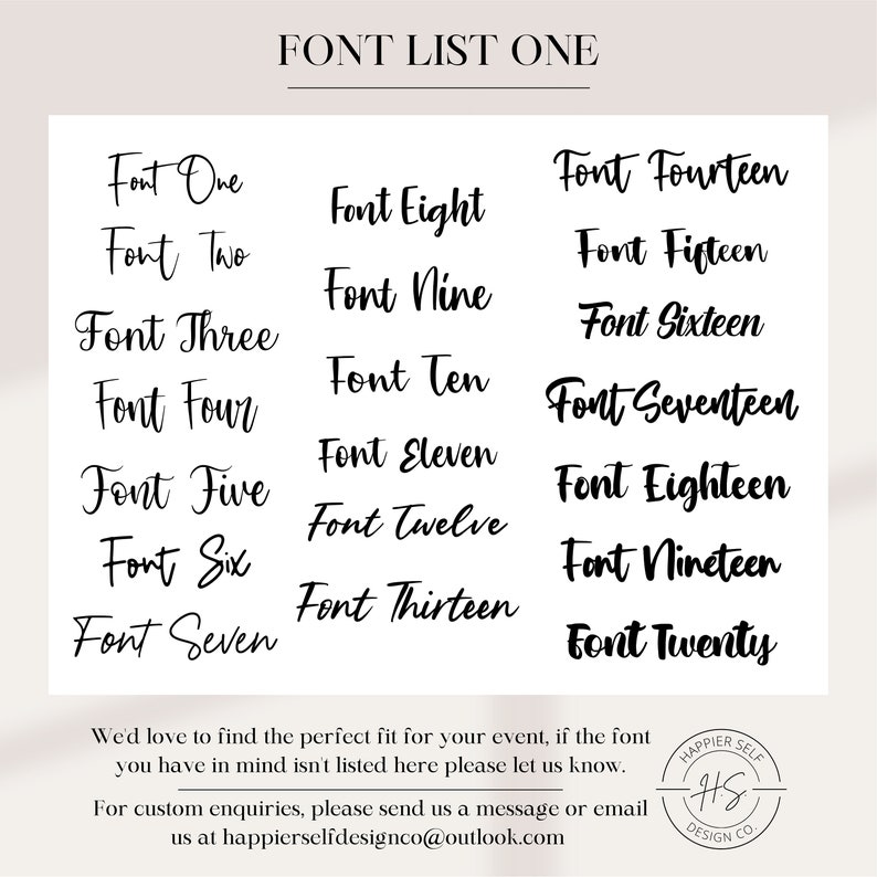 May include: A white background displays a font list with twenty different font styles in black. The text "FONT LIST ONE" is at the top. The bottom of the image includes contact information for custom inquiries.