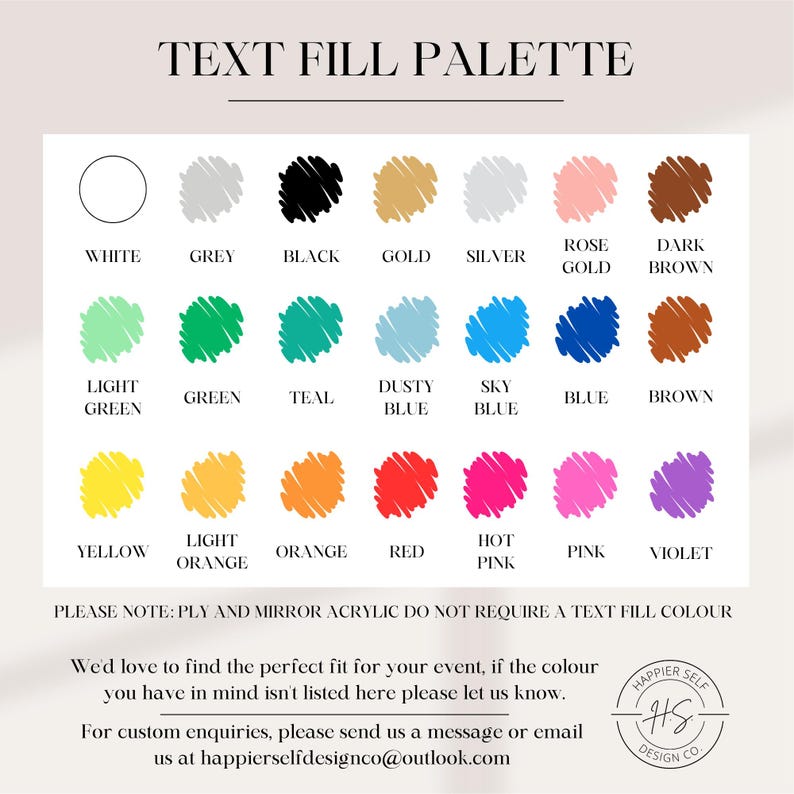 May include: A color palette chart titled "TEXT FILL PALETTE" with a variety of colors including white, grey, black, gold, silver, rose gold, dark brown, light green, green, teal, dusty blue, sky blue, blue, brown, yellow, light orange, orange, red, hot pink, pink, and violet.