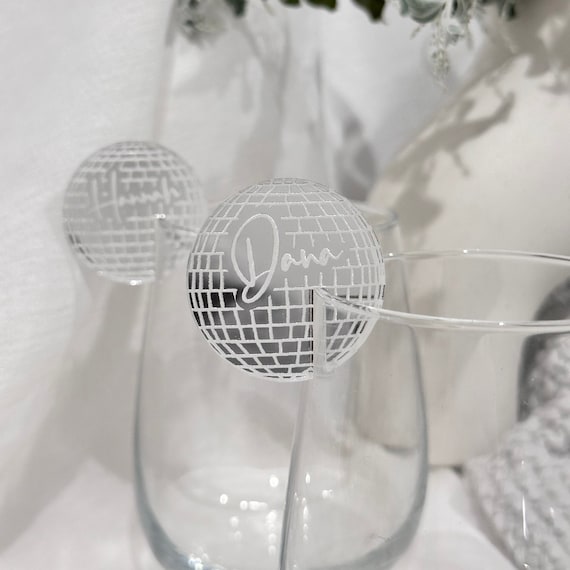 Disco Ball Acrylic Drink Tag | Personalized Custom Place Card Champagne Flute Cocktail Charm Silver Rose Gold Last Rodeo Themed Hens Party