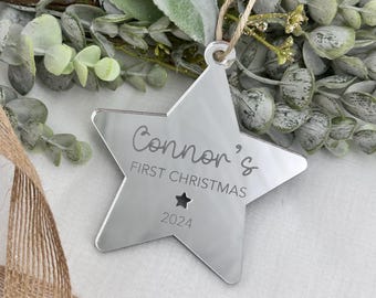 First Christmas Star Bauble | Personalised Personalized Gift Baby Decor Engraved Xmas Glass Look Christmas Bauble Custom Ornament