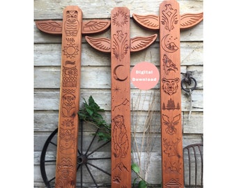 Three CNC Router Designs for wood carved totem poles, VCarve - Illustrator - Inkscape software files, Animals and nature, Digital download