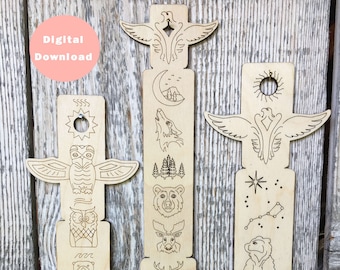 Laser engraver design for 3 miniature totem poles, Wood or acrylic, Illustrator AIs, Inkscape SVGs, & JPGs, Animals and Nature, Digital art