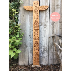 May include: A wooden totem pole with carved animal designs, including an owl, a sun, a bear, a fox, and a bear. The totem pole is painted in a natural wood colour and has a rustic look.