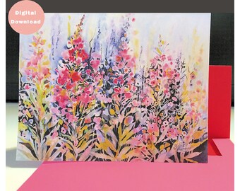 Watercolor greeting card & envelope template, Printables, Striking original art, Bright pink penstemon flowers, Blank all occasion card, 5x7